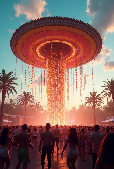 An open air dance festival, lots of people dancing in front of a huge stage, above which hangs a giant sombrero, from which hang colorful slinky spirals