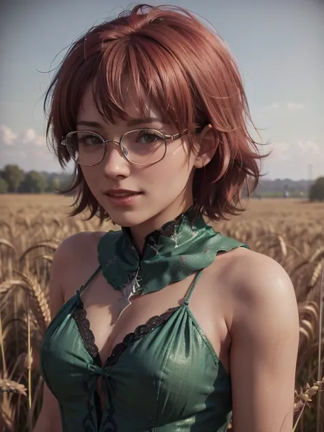  close-up,  upper body . Short, ( red hair:1.2),  green eyes,  diopter glasses with metal frames, peasant clothes,  second-size chest, smiling 15-year-old girl in a wheat field. (a lot of wheat:1.4). ( Masterpiece ,  top quality,  best quality,  official a...