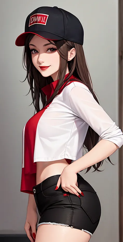 woman, smile, long hair brown, dark, she is solo, red lipstick, from alternative world ,best quality, realistic, red shirt, Black shorts , hip hop fashion cap