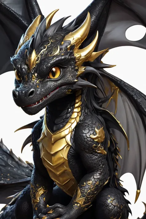 Create a dynamic anime-style illustration of a black little dragon with little gold,  kawaii, Mysterious, photorealistic, hyper-realistic, highly detailed