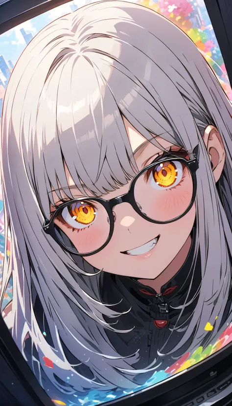 Glasses、Glasses、glowing eyes、long hair, gray hair, masterpiece, top quality, very beautiful, absurd, with bangs, glasses, yellow eyes, yellow eyes, Glasses、Anime style,  super detailed illustration , highly   Details,  dynamic angle, beautiful   Details, 8...