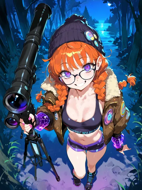 (masterpiece, best quality, amazing quality, very aesthetic), \(rocks, forest, night\), 1girl, solo, \(orange hair, purple eyes, Messy Twin Braids with Curtain Bangs hairstyle, glasses, freckles, small breasts, Crop Top, Boots, Cyber Goth Arm Warmers, Bomb...