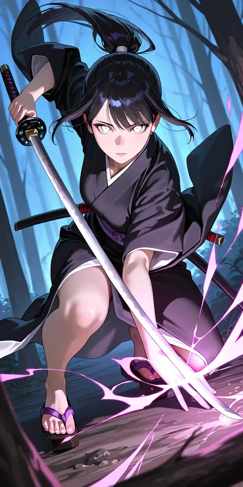 Masterpiece, newest, vibrant, very aesthetic, high contrast, mature woman, hinata hyuga, black hair, pony hair, straight hair, high ponytail long hair, white eyes, black thight kimono, clogs, full body, expressionless, sharp eyes, night on the deep forest ...