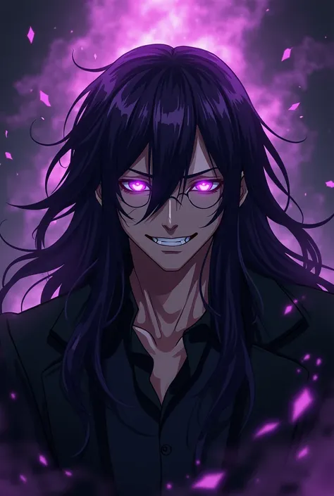 evil anime man with evil smile and purple eyes and his long hair is mixed with purple and black 
