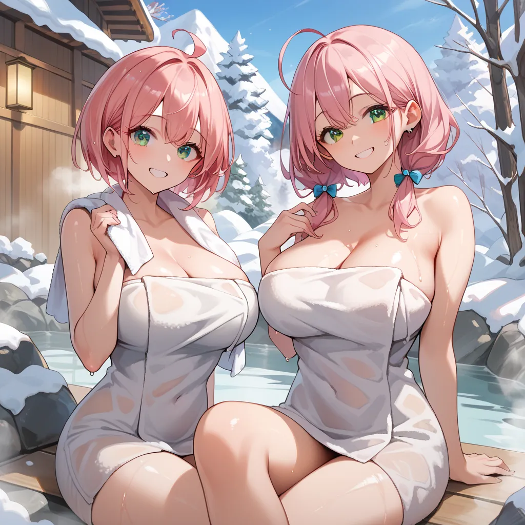 (2girls:1.4), cute 1girl, immature girl, human, pink hair, short hair, bob hair, ahoge, large breast, and cute woman, milf, pink hair, long hair, side locks, ahoge huge breasts, green eyes, (towel:1.4), rolling towel, smile, wet, shiny skin, steam, spray, ...