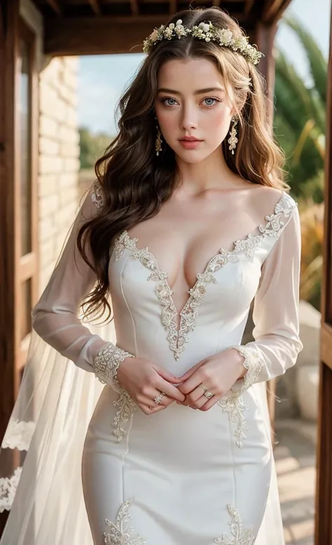 AMBER HEARD beautiful 24 year old young woman,  Bohemian style wedding dresses , formal style ,  with mermaid neckline , long sleeve,  sweep tail and lace with appliques, 2025 