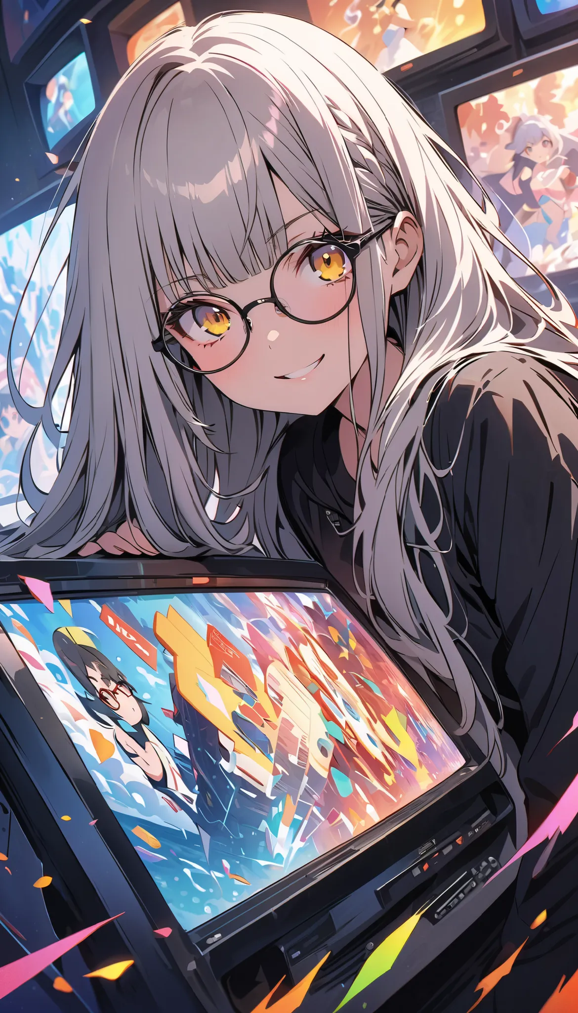 Glasses、Glasses、glowing eyes、long hair, gray hair, masterpiece, top quality, very beautiful, absurd, with bangs, glasses, yellow eyes, yellow eyes, Glasses、Anime style,  super detailed illustration , highly   Details,  dynamic angle, beautiful   Details, 8...