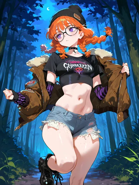 (masterpiece, best quality, amazing quality, very aesthetic), \(rocks, forest, night\), 1girl, solo, \(orange hair, purple eyes, Messy Twin Braids with Curtain Bangs hairstyle, glasses, freckles, small breasts, Crop Top, Boots, Goth Arm Warmers, short slee...