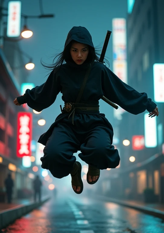 (( a perfectly beautiful 20 year old Japanese female ninja)), (((Wearing straw sandals ))), (((It's jumping 10 meters above the ground))), ( Masterpiece: 1.3), (8k,  by Nomi,  RAW Photo,  top quality: 1.4), sharp eyes, ((( looking at camera))), (((night)))...