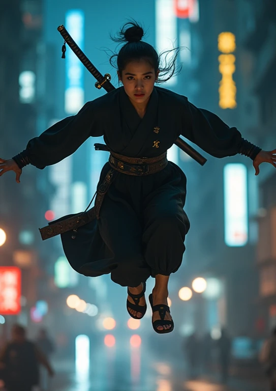 (( a perfectly beautiful 20 year old Japanese female ninja)), (((Wearing straw sandals ))), (((It's jumping 10 meters above the ground))), ( Masterpiece: 1.3), (8k,  by Nomi,  RAW Photo,  top quality: 1.4), sharp eyes, ((( looking at camera))), (((night)))...