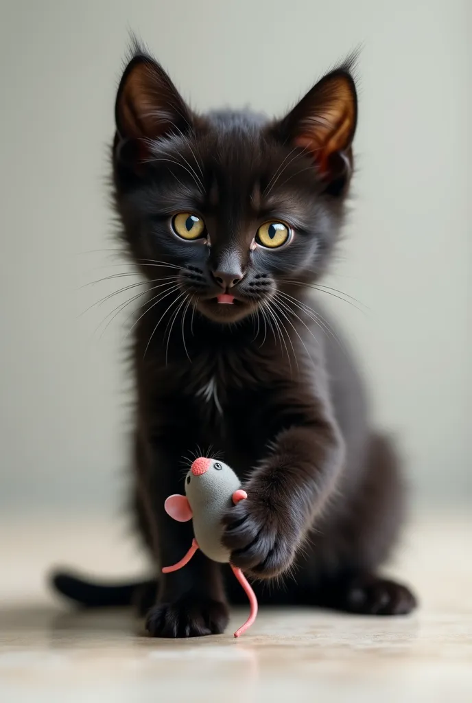  hyperreal、 photos、Black cat kitten holding a mouse toy and playing