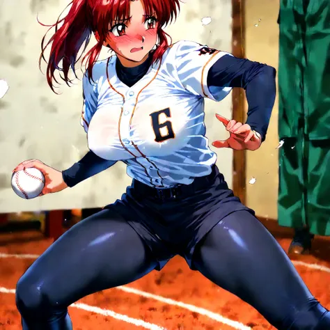 1990s (style), Japanese anime style, 1woman, solo, 18 years old, large breasts, pointy breasts, embarrassed, blush, aroused, clothed, Pitching form, Underhand pitch, Baseball uniform, Shorts, leggings, anime, anatomically correct, textured skin