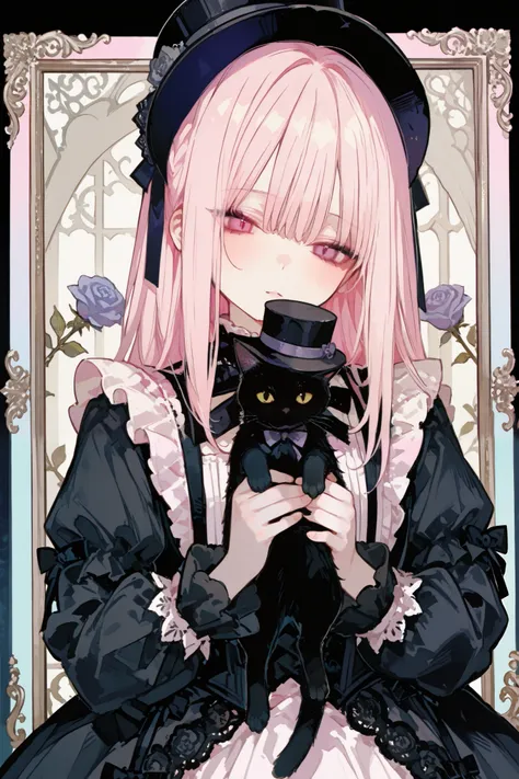 ,748cmstyle,trk,dark gothic,pastel,gothic lolita fashion, twin cute girls, one in white dress, one in black dress, intricate lace and frills, victorian-inspired attire, holding large roses, cute gothic dolls, black cat with top hat, white cat with hat, pas...