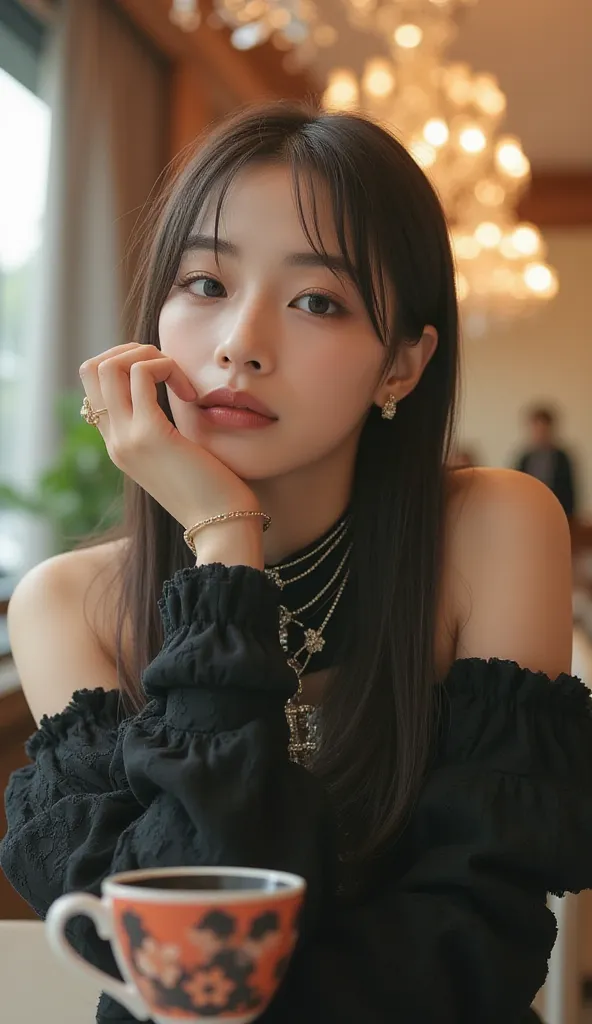 professional photographic shot of a beautiful woman
  、whole body、 beautiful white skin  、pastel bokeh effect、Waiting for someone in a fancy cafe、((whole body:2))、 gothic、   Earth System  、Extreme realism:1.21, (8k,  exists,  RAW Photo,  top quality:1.4), ...