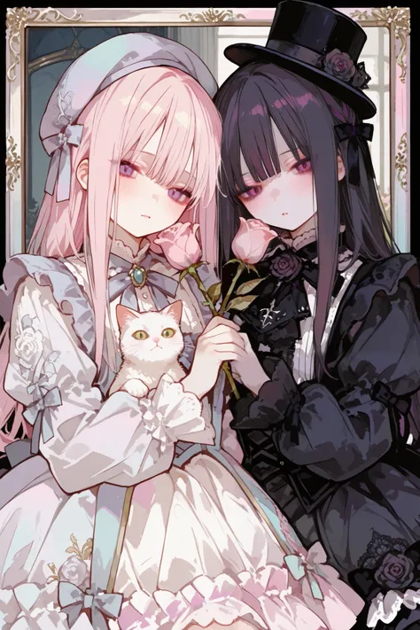 ,748cmstyle,trk,dark gothic,pastel,gothic lolita fashion, twin girls, one in white dress, one in black dress, intricate lace and frills, victorian-inspired attire, holding large roses, cute gothic dolls, black cat with top hat, white cat with hat, pastel c...