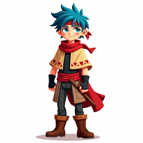 ((Masterpiece)), ((Ultra-detailed stylized character illustration)), ((8K resolution)), ((cartoon fantasy adventure character)), BREAK.  
A **young and confident adventurer**, standing tall with a determined gaze. His **vibrant blue hair** is slightly mess...