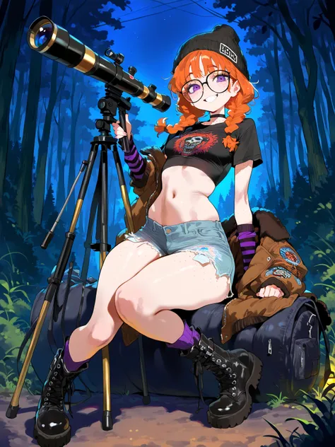 (masterpiece, best quality, amazing quality, very aesthetic), \(rocks, forest, night\), 1girl, solo, \(orange hair, purple eyes, Messy Twin Braids with Curtain Bangs hairstyle, glasses, freckles, small breasts, Crop Top, Boots, Goth Arm Warmers, short slee...