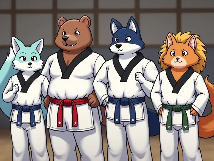 multiple, quarter focus, 4 characters, dojo background, white taekwondo dobok martial arts uniform, long sleeves, long pants, black V-neck collar, BREAK, anime, furry, bara, male, muscle, 1 furry taekwondo fox, light blue fur with white accent, white fur c...