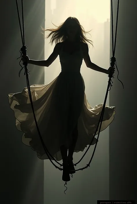 Shadow of a woman in a dress balancing a rope holding on ropes