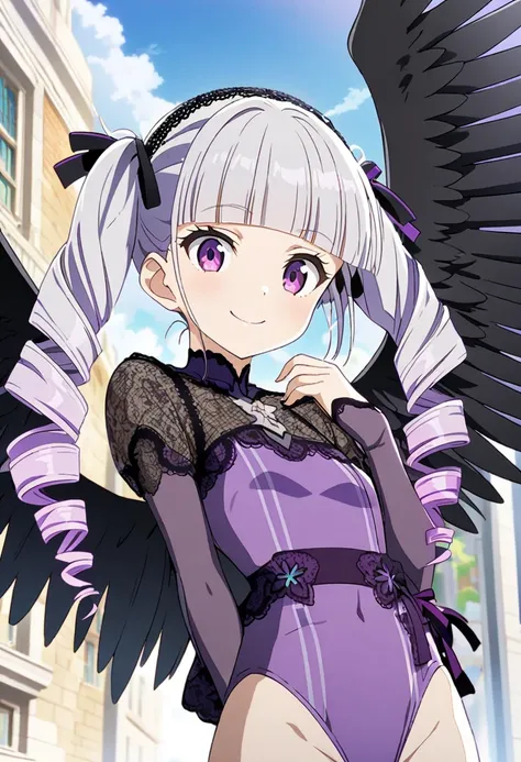 Super high quality line and vivid color anime illustration, 
Sewell's wagtail girl, ((black wings)), (((mix of silver hair and purple hair, high twintail and drill hair, blunt bangs))), black lace hairband, (((purple leotard))), smile, 