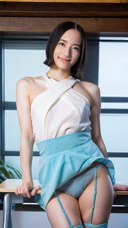  one girl, sexy pose, top quality, masterpiece,shape,  very delicate and beautiful , flip the skirt by hand to show the panties, Smile , table top,  very delicate and beautiful , NF.S.W.,  8k Wallpaper,wonderful,finely, Official Art,非常に詳細なティッカー Unity  8k W...