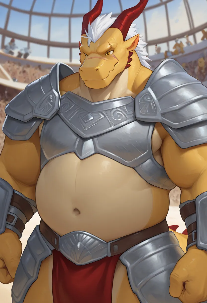 Gladiator, dragon man, height 230cm, weight 150kg, fat and strong, male, yellow scales, red dragon horns, golden eyes, left eye scar, white hair, honest, gentle, brave, with obvious muscles, silver armor shoulder protection, red crotch cloth, furry， Upper ...