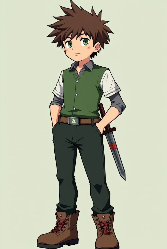  Kazuma is an average ager with brown hair in a bit of a fuss with green eyes ,  of average body and muscles .  On Earth and in his first days in the parallel world he wore dark green sportswear.  After acquiring enough money ,  he got clothes ,  more suit...