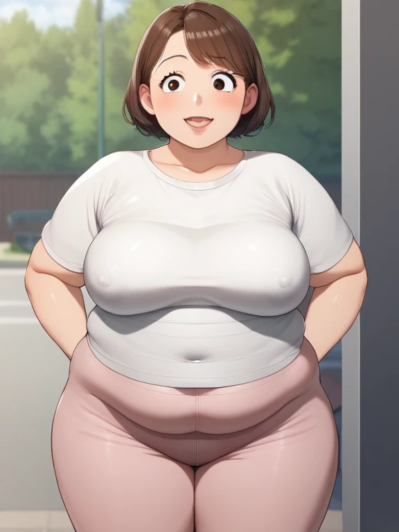  score_9, score_8_up, score_7_up, woman, (((Anime))),  source_Anime, nsfw，  uncensored，高解像度画像・とても可愛い日本人woman， short stature ，Big pretty eyes，中年woman，Age 35， chubby mature，Middle-aged obesity，overweight,  SHORT HAIR， brown， white shirt，tight pink pants，Pixa...