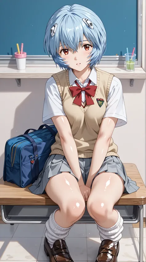 (UHD, retina, masterpiece, accurate, anatomically correct, super detail, high details,   highres, 1080P, 16k、high detail RAW color art:1.3)、 ( Ayanami Rei:1.3)、(short hair、light blue hair:1.3)、( shiny skin:1.3)、(shiny skin:1.3)、(skirt, shirt, school unifor...