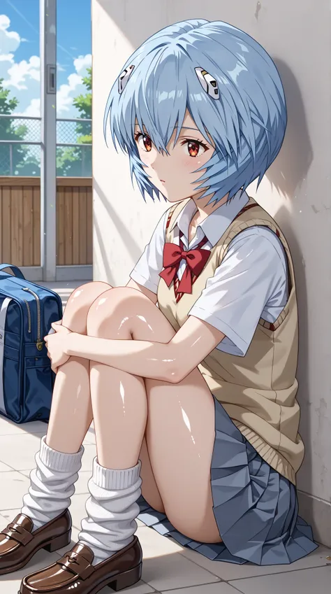 (UHD, retina, masterpiece, accurate, anatomically correct, super detail, high details,   highres, 1080P, 16k、high detail RAW color art:1.3)、 ( Ayanami Rei:1.3)、(short hair、light blue hair:1.3)、( shiny skin:1.3)、(shiny skin:1.3)、(skirt, shirt, school unifor...