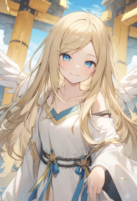 girl,blonde hair,blue eye,smile,side parted hairstyle,long hair,angel wing,white dress,off shoulder,sky temple