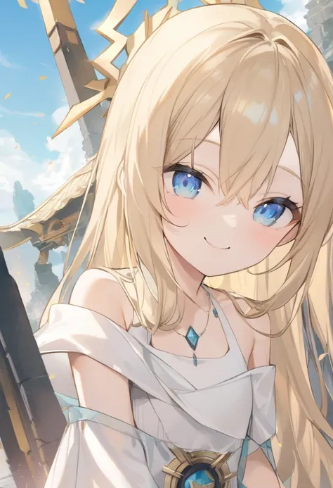 girl,blonde hair,blue eye,smile,side parted hairstyle,long hair,angel wing,white dress,off shoulder,sky temple