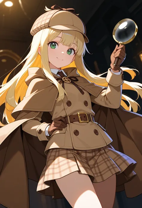 (masterpiece, best quality, ultra-detailed), anime-style, young female detective, blonde long straight hair, green eyes, wearing a brown detective cape, deerstalker hat, brown gloves, checkered skirt, holding a magnifying glass, dynamic pose, cheerful expr...