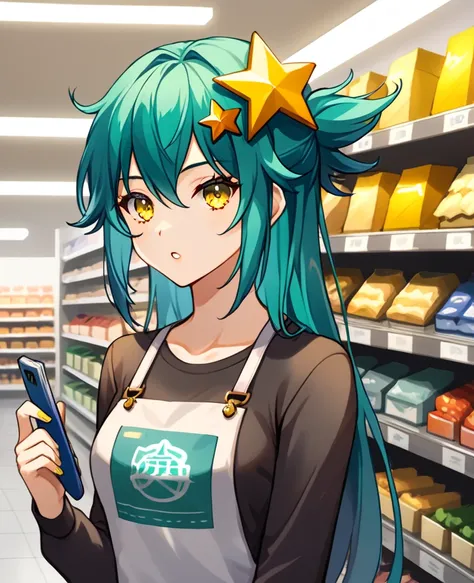 Girl with long dark turquoise hair, yellow eyes, yellow star pin in her head in a store 