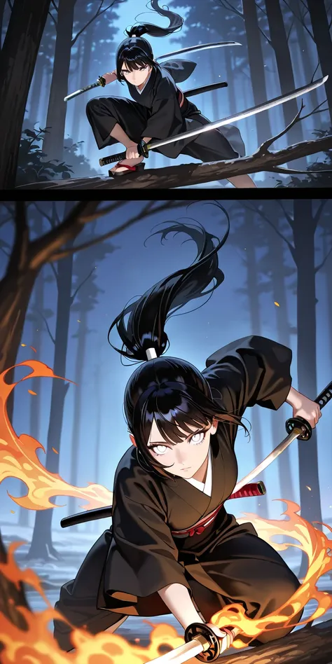 Masterpiece, newest, vibrant, very aesthetic, high contrast, mature woman, hinata hyuga, black hair, pony hair, straight hair, high ponytail long hair, white eyes, black thight kimono, clogs, full body, expressionless, sharp eyes, night on the deep forest ...