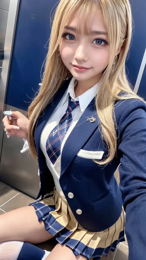 (( Masterpiece,  top quality,  high res,  super high heels)),  Japanese high school girl,( by Nomi:1.5)、 smiles、great face、 closed mouth outside the classroom、 sharp mouth、Glossy Lips 、 long hair,(Beautiful blonde:1.5)、 high school uniform,( navy blue blaz...