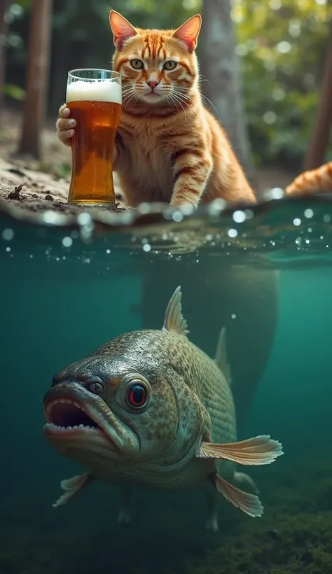 "A dramatic and cinematic full-body 'versus' comparison image featuring two unique creatures in their natural environments. The top image showcases a cat holding a beer. on the bottom image showcase a monster piranha 