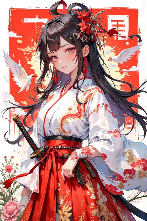  A woman who is a Japanese style monster exterminator , shrine maiden costume based on white and red tones , hairpin（ hairpin）,Hair ornament flower, A shrine maiden costume based on white and red in the background , White jacket（Short sleeves） and red haka...