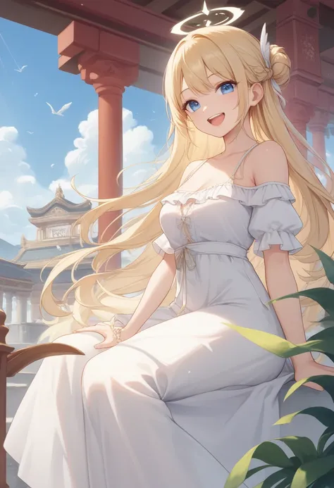 girl,blonde hair,blue eye,smile,laugh,side parted hairstyle,long hair,angel wing,white dress,off shoulder,long skirt,sky temple