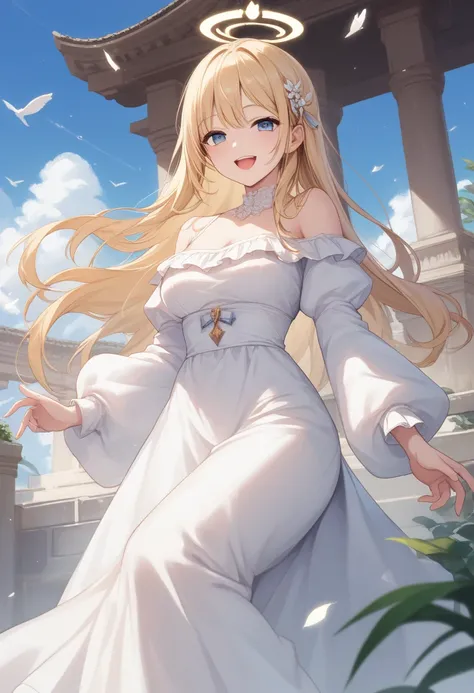 girl,blonde hair,blue eye,smile,laugh,side parted hairstyle,long hair,angel wing,white dress,off shoulder,long skirt,sky temple