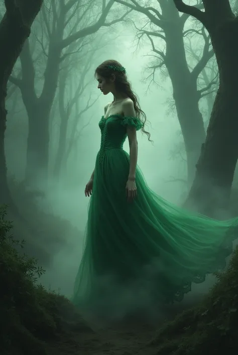 A mysterious woman in a green dress wanders through the foggy forest, dressed in 19th century clothing