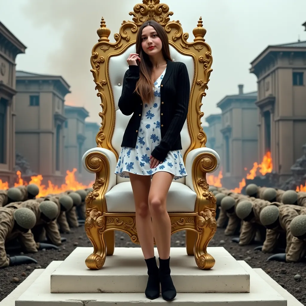  a woman of ideal posture and long brown hair that unravels,  stood confidently in front of a gold throne decorated with intricate carvings and luxurious white velvet elevated above a podium with several steps in the foreground. She wore a black cable-knit...