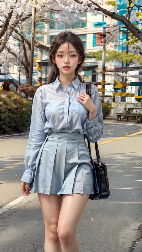 a beautiful 18 year old Japanese high school girl with perfect anatomy, healthy thighs, beautiful legs, beautiful skin, random hair color and style, large breasts, (wearing a Japanese schoolgirl uniform:1.3), (she is standing:1.2), penny loafers, holding a...