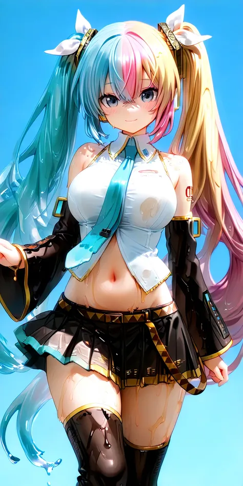  score_9,  score_8_up,  score_7_up, score_6_up,  score_5_up,  score_4_up ,  1 girl, Alone, ((  split color hair  )), (( blonde hair)), (( light blue hair)), (( pink hair)), cowboy shot， とても大きなchest,chestのサイズを主張する陰影,  Luka Megurine,  blue eyes,   headphones...