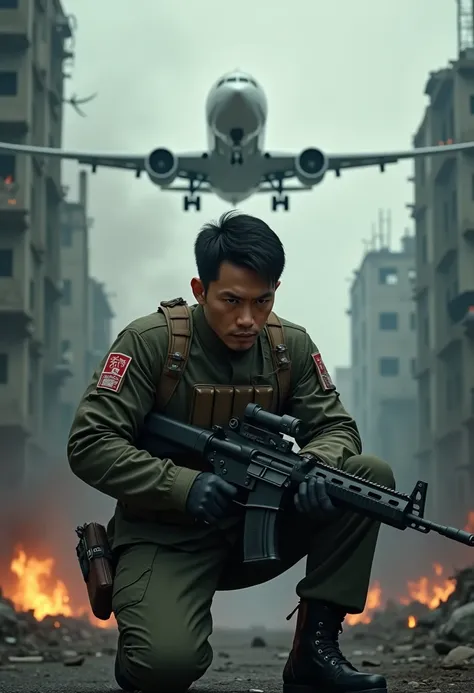  A small   asian man wearing military uniform with realistic detail ,  including a tactical vest and a red and white emblem on his arm ,  serious and full expression determination squatting in a ruined city filled with smoke and embers.  in his hand ,  he ...