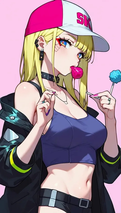  anime girl with blond hair and a baseball cap eating a candy,  she is in profile and looks at the camera with a complicit look ,  wears a black leather jacket with a raised collar of the jacket  , with letters in red and white ,  a black leather skirt wit...