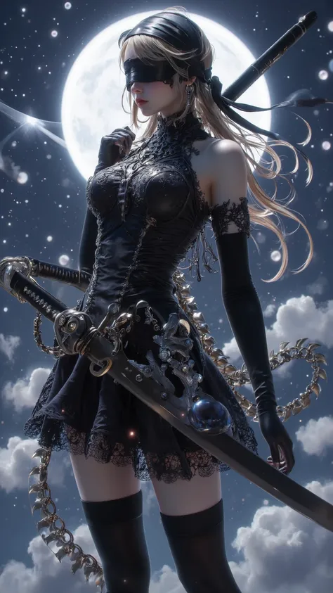  A character design ， a girl with a black blindfold ， wearing an elegant dress ， thigh high socks ， holding a sword ， The background is sky and full moon ，Focus on perspective ， high heels，Details such as gloves and flowing hair。