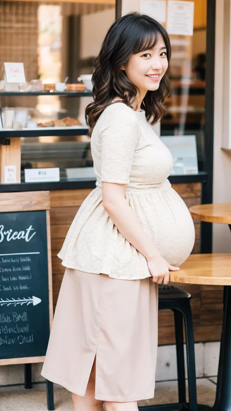 masterpiece, Best Quality, 8K,looking at the viewer,Japanese Lady,20 years old, huge pregnant, Voluptuous, coffee shop background, plain peplum shirt, midi skirt, sweet smile, sitting, shoulder length hair