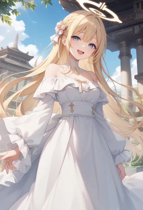 girl,blonde hair,smile,laugh,side parted hairstyle,long hair,angel wing,white dress,off shoulder,long skirt,sky temple,europe temple