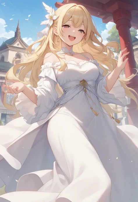 girl,blonde hair,smile,laugh,side parted hairstyle,long hair,angel wing,white dress,off shoulder,long skirt,sky temple,europe temple